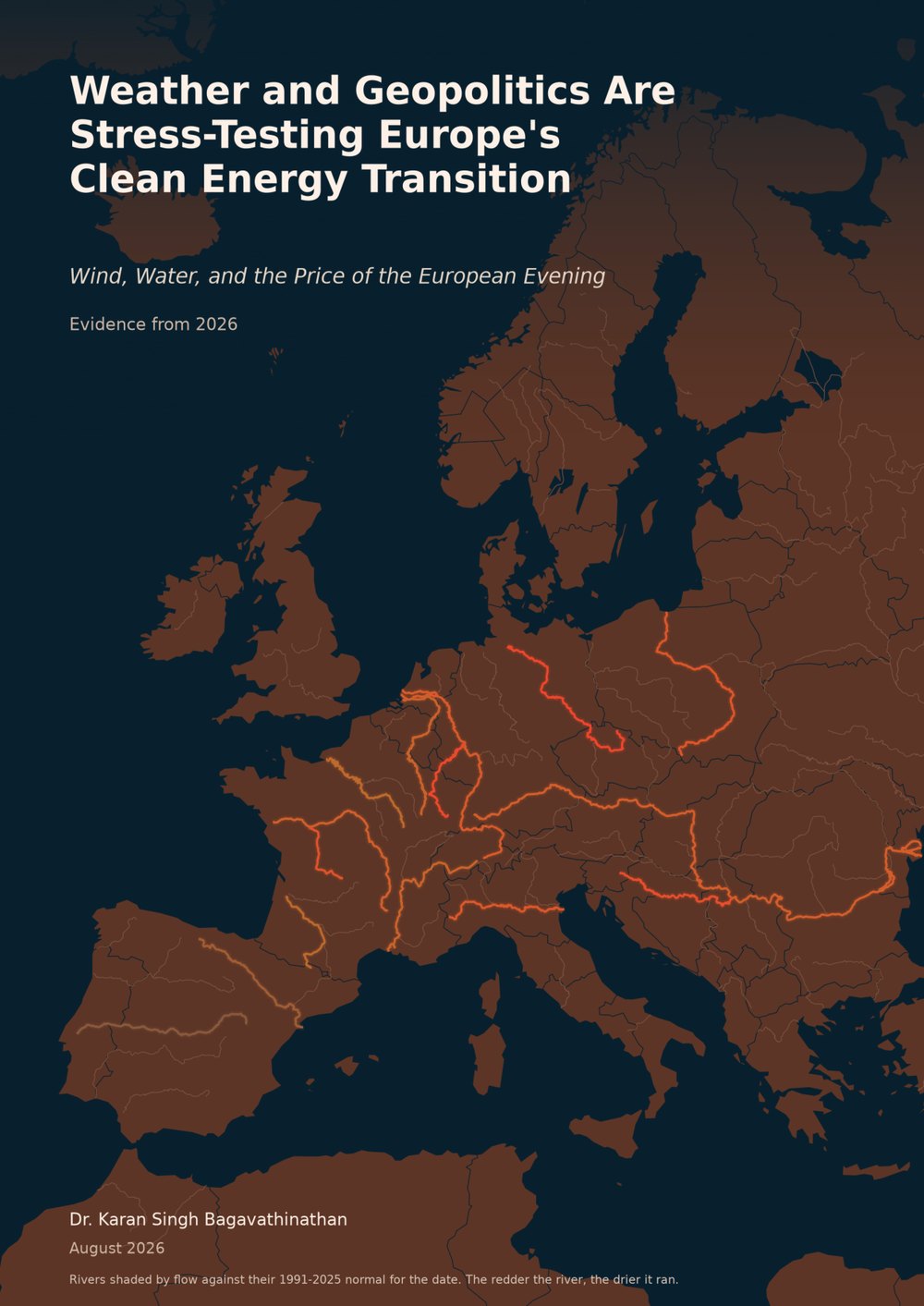 Cover: a map of Europe with rivers shaded by how far below their 1991 to 2025 normal they ran in 2026.